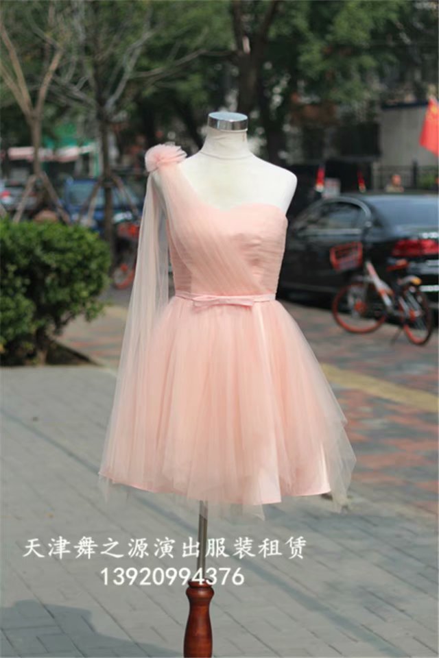 粉色单件纱短礼服2